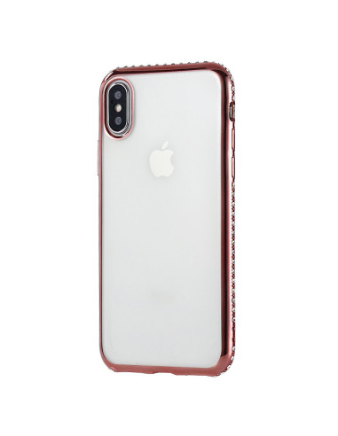 Rosenguldsfärgat iPhone X-skal med strassdetaljer, sedd från sidan