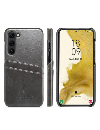 Svart Samsung S23 skal med korthållare, visat framifrån och från sidan