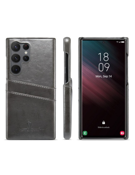 Svart retro mobilskal med korthållare för Samsung S22 Ultra, visat från sidan och framifrån