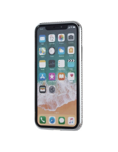 iPhone X med rosenguldsskal och strass, visad från sidan med skärmen på