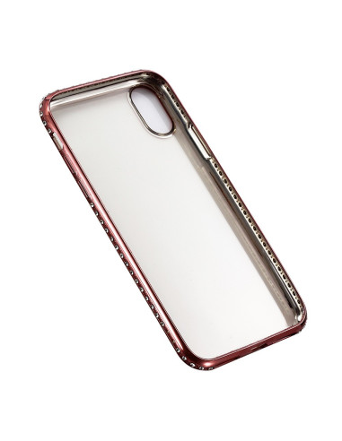 iPhone X skal i rosenguld med transparent baksida och strassdetaljer, sedd snett från sidan