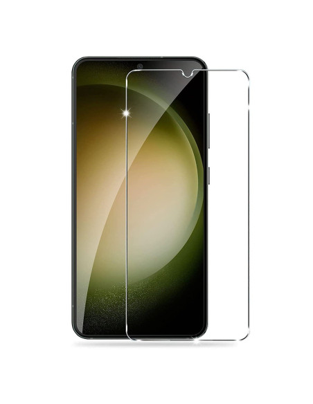 Härdat glas för Samsung S23, monterat på telefon med tydlig skärmvy