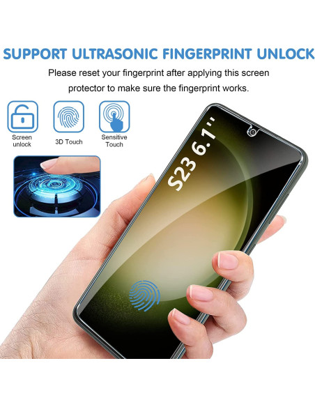 Samsung S23 med härdat glas som visar fingeravtryckssensor och skärmupplåsning