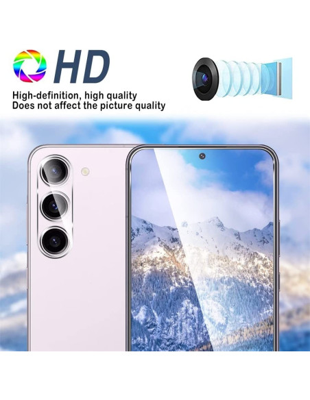 Framifrån vy av Samsung S23 med linsskydd av härdat glas som skyddar kameran