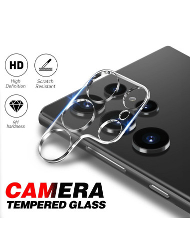Närbild av transparent linsskydd för kameran på Samsung S23 Ultra