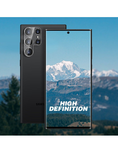 Samsung S23 Ultra med transparent linsskydd i fokus, visad framifrån mot en naturskön bakgrund