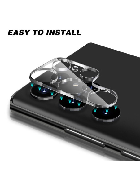 Transparent linsskydd för Samsung S23 Ultra, visat från sidan med installationsanvisning