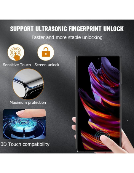 Detaljvy av Samsung S23 Ultra skärmskydd med fokus på fingeravtryckssensor och 3D-kompatibilitet