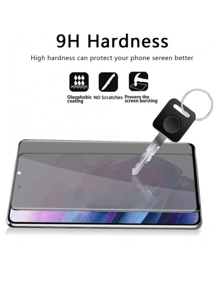 Närbild av Samsung S23 Privacy härdat glas som visar 9H hårdhet och repmotstånd