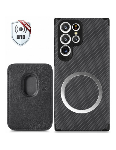 Samsung S23 Ultra skal i TPU och polykarbonat med magnetisk korthållare och RFID-skydd, sett framifrån och bakifrån