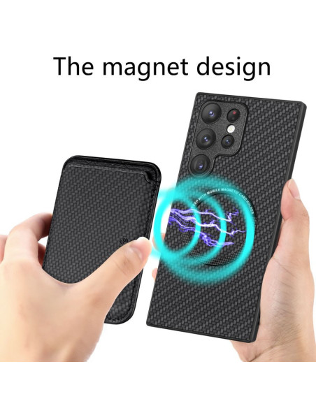Samsung S23 Ultra skal med magnetisk korthållare, visat i hand med fokus på magnetdesignen