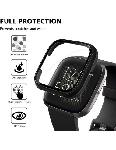 Detaljvy av heltäckande skal i härdat glas för Fitbit Versa 2 med fokus på skärmskyddet