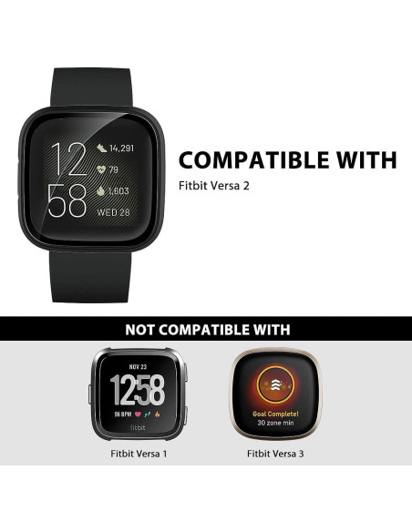 Heltäckande skal i härdat glas för Fitbit Versa 2, sett från sidan med tydlig visning av skärmskyddet