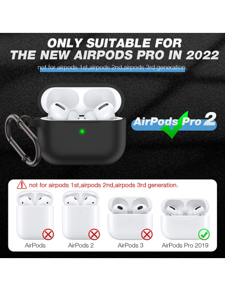 AirPods Pro 2 silikonfodral i svart med karbinhake, sett framifrån med öppet lock