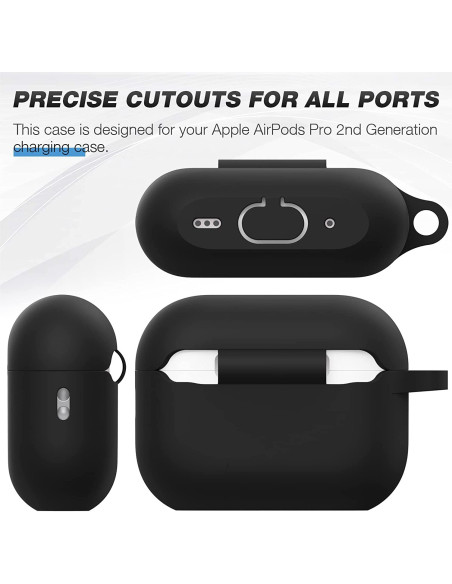 Detaljvy av Airpods Pro 2 silikonfodral i svart med karbinhake, visande öppet lock och knappar