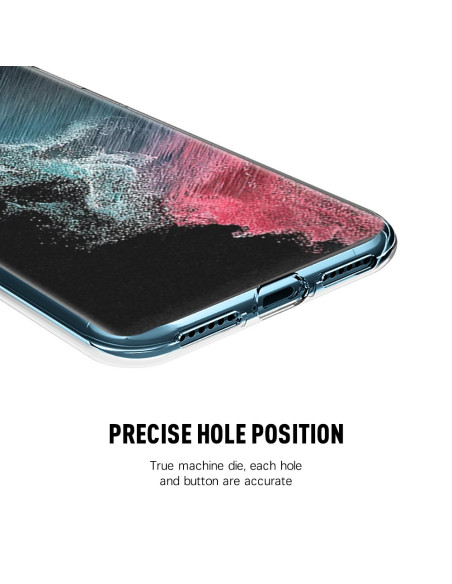 Närbild av 360° heltäckande skal V2 för Samsung S22 Ultra, med fokus på exakta utskärningar
