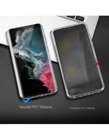 Framifrån vy av 360° heltäckande skal V2 för Samsung S22 Ultra, med fokus på materialskillnader