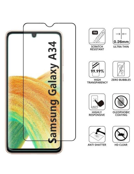 Närbild av härdat glas för Samsung A34 5G med tydlig skärmkänsla och transparent design