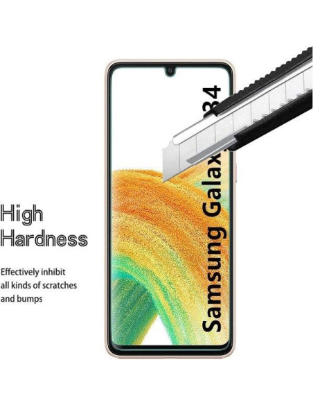 Detaljvy av härdat glas för Samsung A34 5G med skärmskyddets hårdhet demonstrerad