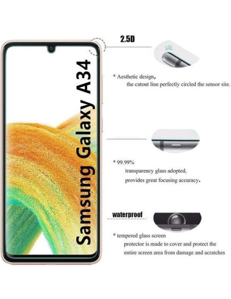Framifrån vy av Samsung A34 5G härdat glas med tydlig skärmkänsla och sensorutskärning