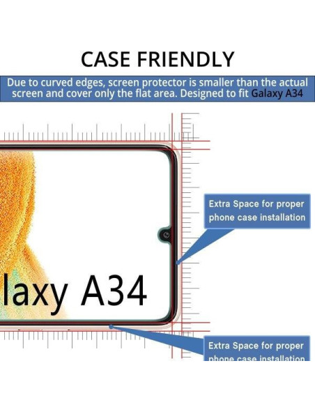 Samsung A34 5G härdat glas med anpassad passform och utskärning för kamera och sensor