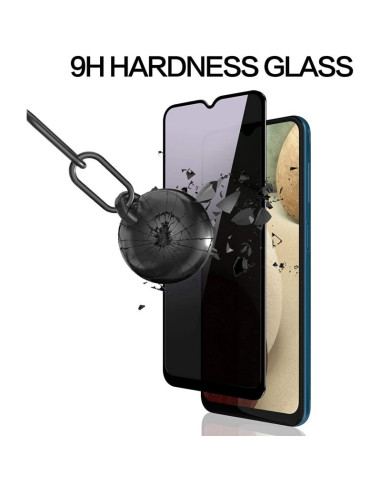 Närbild av Samsung A34 5G med härdat glas som visar 9H hårdhet och anti-spy-funktion
