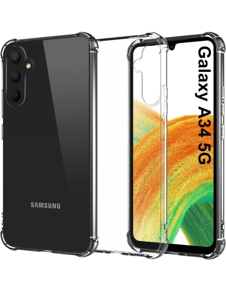 Transparent stöttåligt skal för Samsung A34 5G med förstärkta hörn, visat från sidan