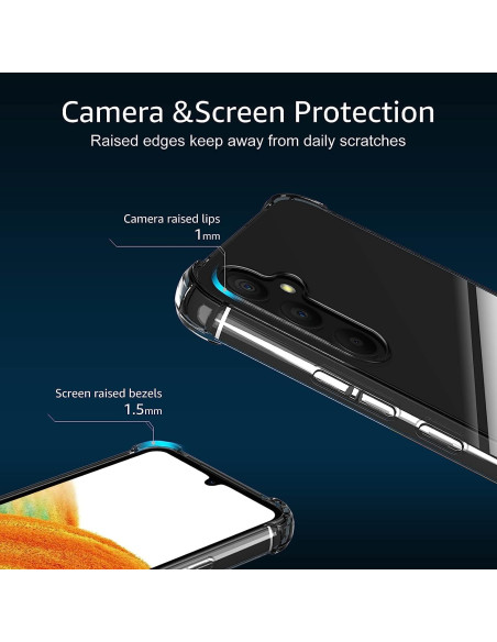 Detaljvy av Samsung A34 5G skal med förstärkta hörn och upphöjda kanter för kameraskydd