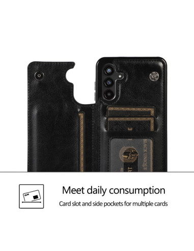 Detaljvy av svart flip-skal för Samsung A54 5G med tre kortfack och telefon monterad