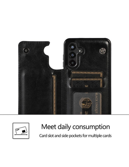 Detaljvy av svart flip-skal för Samsung A54 5G med tre kortfack och telefon monterad
