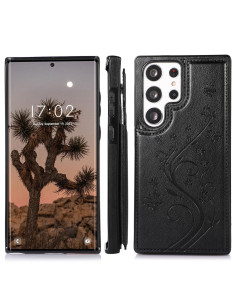 Samsung S23 Ultra flip-skal i svart med tre kortfack, sett från sidan med telefon monterad
