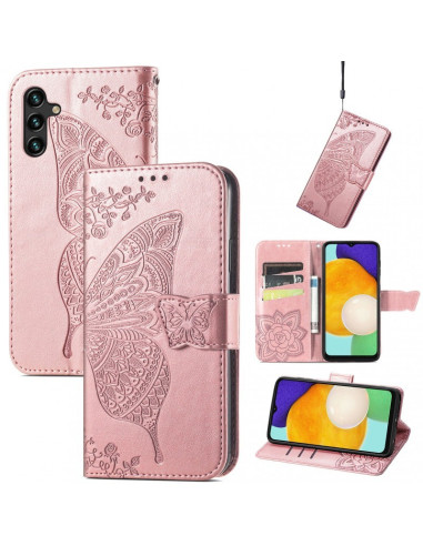 Fjärilsmotiv på rosa plånboksfodral för Samsung A34 5G med öppet lock och kortfack