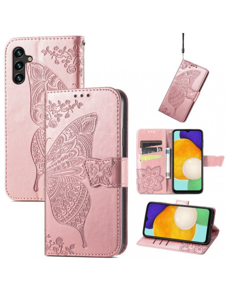 Fjärilsmotiv på rosa plånboksfodral för Samsung A34 5G med öppet lock och kortfack