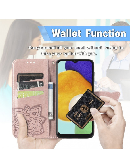 Plånboksfodral för Samsung A34 5G med fjärilsmotiv, öppet och visar kortfack och telefon