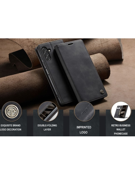 Svart flipfodral för Samsung A34 5G med logotyp och detaljerad vy av materialet