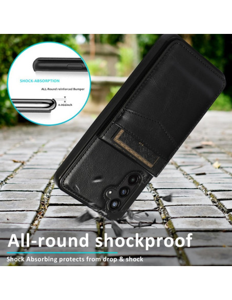 Svart mobilskal för Samsung A54 5G med korthållare, visat i detalj med fokus på shockproof-funktion
