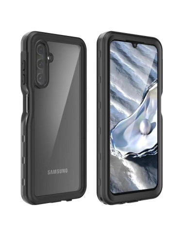 Samsung A34 5G vattentätt skal i svart, visat från sidan och framifrån med transparent baksida