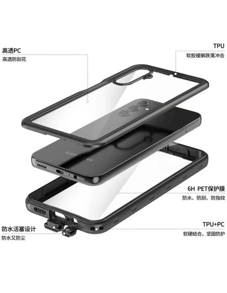 Detaljvy av Samsung A34 5G skal i svart med transparent baksida och öppningar för knappar