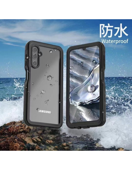 Samsung A34 5G vattentätt skal i svart, visat framifrån med vattendroppar på ytan