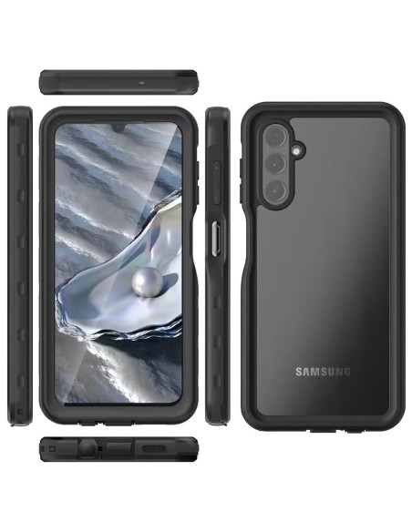 Samsung A34 5G skal i svart, visat från flera vinklar med transparent baksida och knappar
