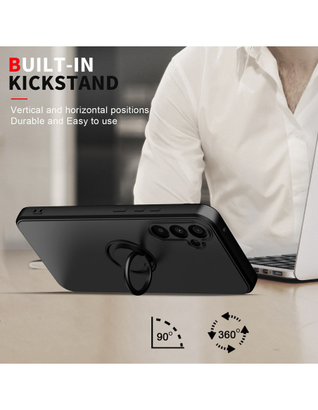 Svart stöttåligt skal för Samsung A54 5G med ringhållare, visat med kickstand-funktion i användning