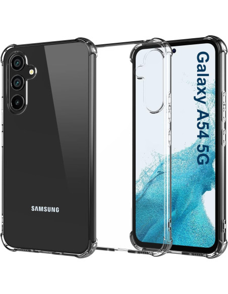 Samsung A54 5G skal i TPU-material med förstärkta hörn, sett framifrån med telefon insatt