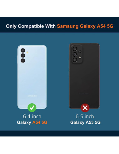 Samsung A54 5G skal med förstärkta hörn, visat med telefonmodell och storleksinformation