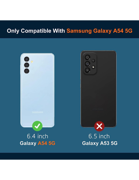 Samsung A54 5G skal med förstärkta hörn, visat med telefonmodell och storleksinformation