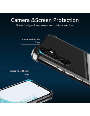Detaljvy av Samsung A54 5G skal med förstärkta hörn och skydd för kamera och skärm