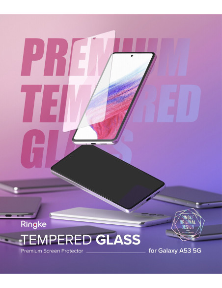 Närbild av transparent härdat glas för Samsung A54, visat från sidan