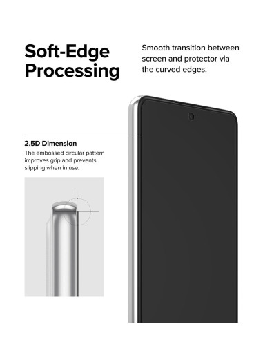 Detaljvy av det härdade glaset för Samsung A54, med fokus på de rundade kanterna