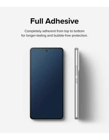Samsung A54 med härdat glas, visad från sidan med fokus på den fulla adhesiven