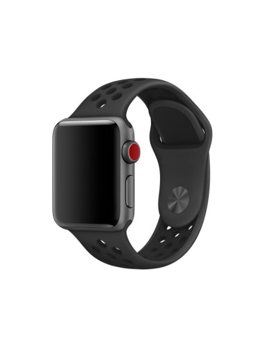 Sportarmbandet Runnr i svart silikon monterat på en Apple Watch, sett från sidan