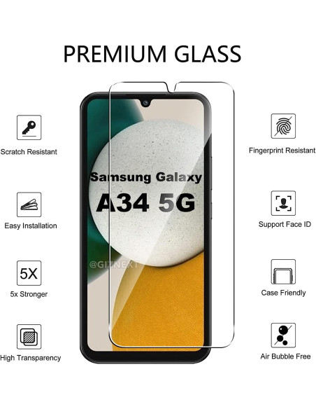 Närbild av härdat glas för Samsung A34 5G med tydlig skärmvisning och skyddande funktioner